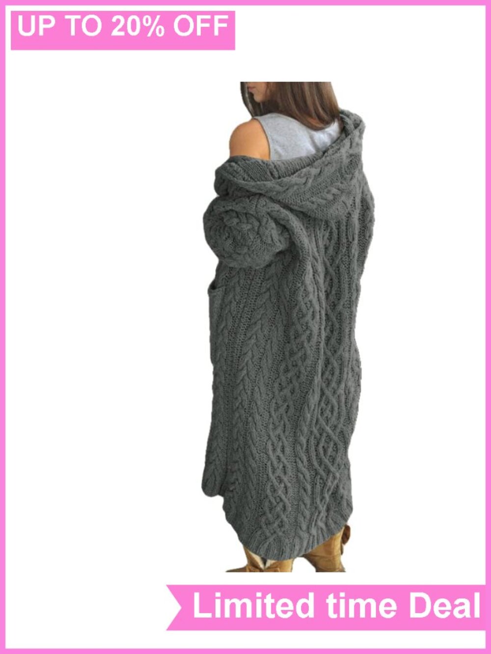 Womens Cable Knit Open Front Hooded Long Cardigan Sweater with Pockets